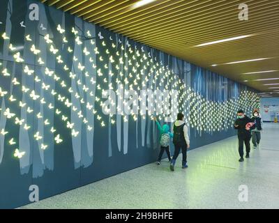 Shanghai, Shanghai, China. 6th Dez 2021. Am 4. Dezember 2021 besuchen Sie in Shanghai die künstlerische Lichtshow der hochwertigen U-Bahn-Station, und spazieren Sie durch die magische Hauptstadt „unterirdischer Schmetterlingsmagischer Wald“ – diese Internet-Attraktion, die sich in der Transferhalle der „schönsten U-Bahn-Station Chinas“ an der Hanzhong Road befindet, ist Shanghai Shentong zum ersten Mal. Die Metro Group hat mit der internationalen, hochmodernen Kunst- und Designplattform ToMASTER Tomorrow Masters und jungen Künstlern für neue Medienkunstinstallationen zusammengearbeitet. Die Schöpfer hoffen, eine Szene in n zu schaffen Stockfoto