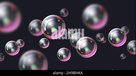 Seifenblasen Hintergrund. Regenbogenfarben realistische transparente fliegende Kugeln, schaumig schillernde 3D Kugeln isoliert auf schwarzem Hintergrund, Wäsche Stock Vektor