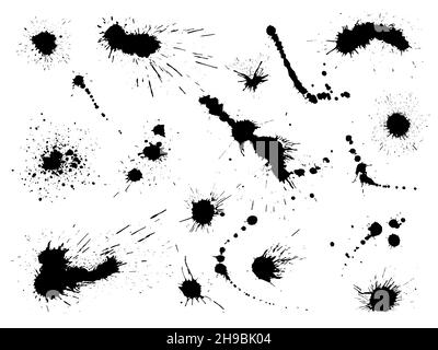Tintenspritzer. Schwarze Farbspritzer, abstrakte Tropfen auf weißem Hintergrund, grunge Spuren von flüssiger Farbe, monochrome künstlerische Spots Effekte isoliert Stock Vektor