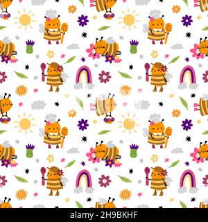 Nahtlose Muster Honigbienen. Niedliche kleine Biene mit hölzernen Honiglöffel, Korb mit Blumen und Kinder lustige Regenbogen, Sommer-Print. Vector Decor Textil Stock Vektor