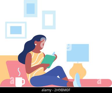 Bequemes Lesen. Frau mit Buch. Person, die sich zu Hause entspannt Stock Vektor