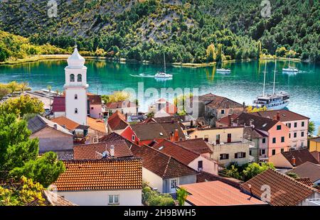 Luftaufnahme von Skradin, Krka Fluss, Dalmatien, Kroatien Stockfoto