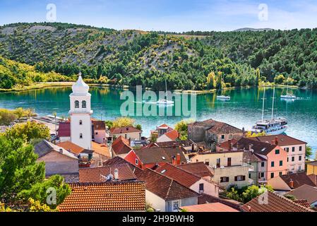 Luftaufnahme von Skradin, Krka Fluss, Dalmatien, Kroatien Stockfoto