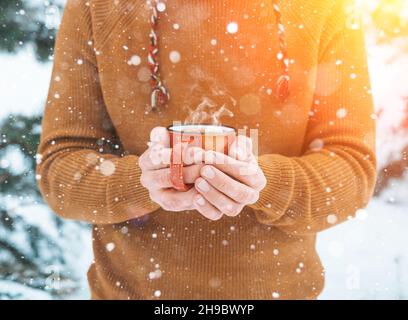 Glühwein oder Tee und Kakao in den Händen eines Mannes während eines Schneefalls im Wald. Warme Wintergetränke mit aromatischen Gewürzen von Zimt, Kardamom und Orange. Wärme, Komfort und Atmosphäre der Dezembernatur und Weihnachten. Hochwertige Fotos Stockfoto