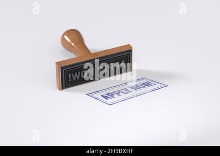 Gummistanzen mit der Aufsage Jetzt bewerben! Auf weißem Hintergrund. Stockfoto