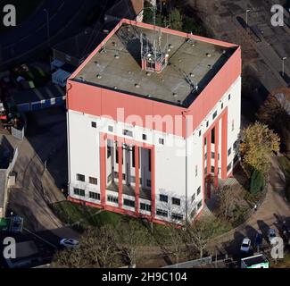 Luftaufnahme des Chatterton Water Tower, jetzt Firmensitz, in Spalding, Lincolnshire, Großbritannien Stockfoto