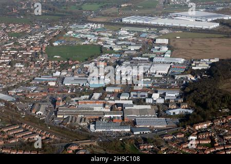 Luftaufnahme der Industrie & Unternehmen in Newark, Nottinghamshire, verschiedene Anwesen umfassen: Newark Bus PK, Beacon Hill Office PK, Brunel Ind Est etc Stockfoto