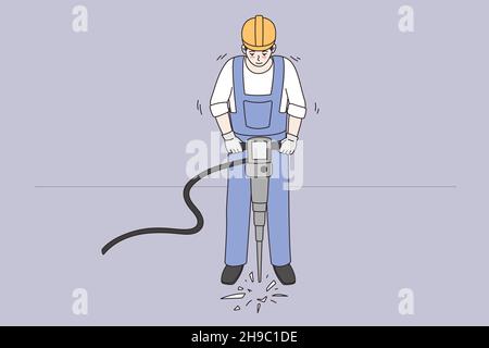 Bauarbeiten und Industriekonzept. Mann Arbeiter trägt Helm und blauen einheitlichen stehenden Bohrgrund mit speziellen Maschine Vektor Illustration Stock Vektor