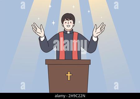 Religion, christentum und Spiritualität Konzept. Junger Mann Priester stehen und segnen Menschen in religiösen Geste beten zu gott für eine bessere spirituelle Vektor-Illustration Stock Vektor