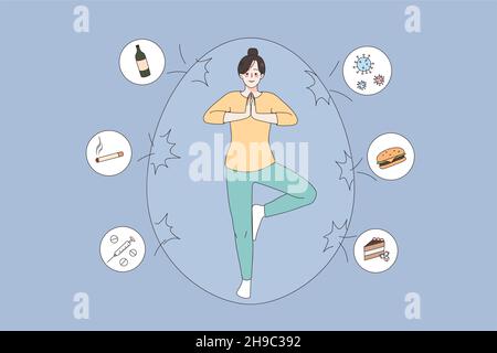 Balance und gesundes Lifestyle-Konzept zu halten. Junge lächelnde Frau mit gesunden Lebensausgleich macht Yoga-Position in Eierschale mit schnellen Lebensmitteln und schlechten Gewohnheiten außerhalb Vektor-Illustration Stock Vektor