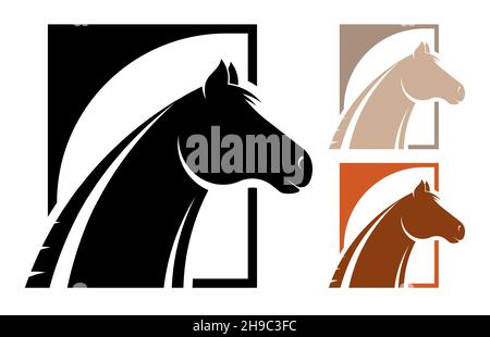 Silhouetten des Pferdekopfes. Emblem des Pferdesportzentrums für Pferdezucht. Einfacher Schwarz-Weiß-Vektor auf weißem Hintergrund isoliert Stock Vektor