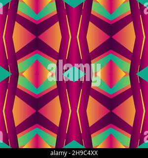 Geometrische Fliesen Patchwork nahtlose Muster Vektor Illustration Neon Verlauf magenta grün Farben Mode abstrakt Linien Grafik Design Hintergrund Stip Stock Vektor
