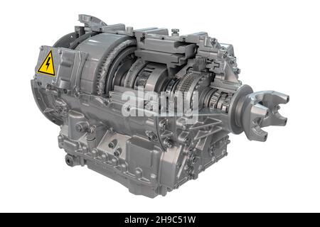 Hybridgetriebe in Abschnitt - Fahrzeug-Antriebssystem für elektrische Busse und LKWs. Isoliert auf weißem Hintergrund Stockfoto