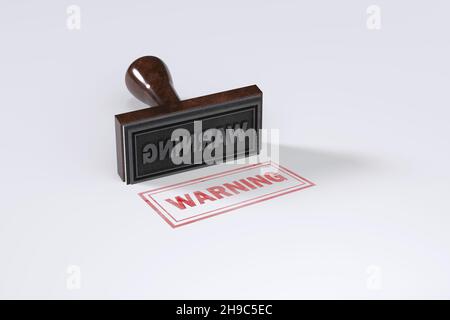 Gummistempelung mit Warnung auf weißem Hintergrund. Stockfoto