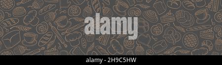 Bäckerei kritzelt Hintergrund. Nahtlose horizontale Grenze mit Kuchen und Backwaren. Vektorgrafik. Stock Vektor