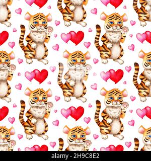 Aquarell-Malmuster mit Cartoon-Tiger und Herzen. Symbol des chinesischen Neujahrs, Weihnachten und Valentinstag. Illustration für Kinder im Winter. I Stockfoto