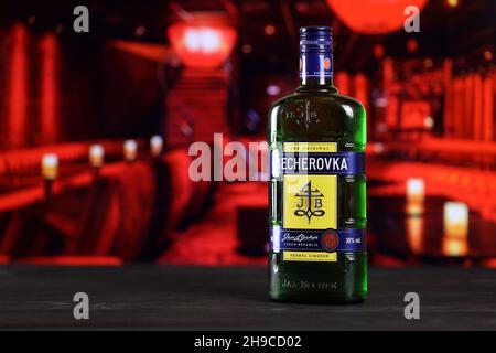 CHARKOW, UKRAINE - 14. FEBRUAR 2021: Kräuterlikör-Flasche Becherovka auf Holztisch mit roter Bar im Hintergrund. Elite-Alkoholproduktion Stockfoto