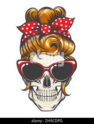 Tattoo of Skull mit Pinup Frisur Sonnenbrille und Bandana isoliert auf weiß. vektor-Illustration. Stock Vektor