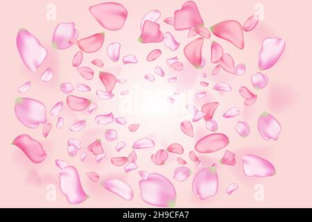 Natur horizontaler Hintergrund.Rosa fallende Sakura Blütenblätter und Blumen. Stock Vektor