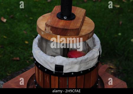 Schöner alter deutscher Entsafter im Garten - hausgemachter Apfelsaft aus köstlichen Elster-Äpfeln Stockfoto