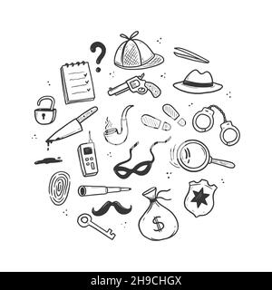 Detective Doodle Set. Handgezeichnete Skizze im Doodle-Stil. Fußabdruck, Fingerabdruck, Detektivdetektiv-Ermittlungselement. Vektorgrafik. Stock Vektor