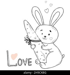 Niedliches Kaninchen mit großer Karotte. Vektorgrafik. Postkarte im linearen Doodle-Stil. Lustiges Tier für Design und Dekoration, Druck und Baby-Kollektion, Stock Vektor
