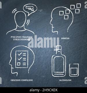 Symbol für psychische Störungen auf der Tafel in Linienform gesetzt. Zwangsbesessenheit, PTBS, Amnesie und Alkoholismus. Vektorgrafik. Stock Vektor