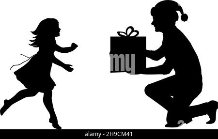 Silhouette des Vaters, der Tochter ein Geschenk gibt. Frohes Frohe Weihnachten. Frohes neues Jahr. Stock Vektor