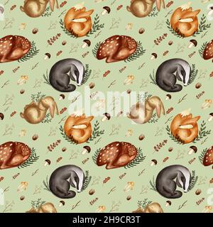 Aquarell Waldtiere auf pastellgrünem Backgroond. Niedlicher schlafender Hirsch, Fuchs, Hase, Dachs. Für Textilien, Kinderzimmer, Tapeten, Verpackungen. Stockfoto