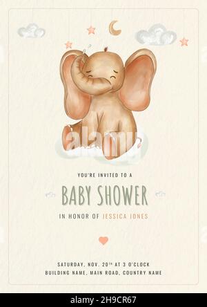 Aquarell Elefanten für Kinderzimmer. Niedliches Poster Beispiel für Babydusche. Die Vorlage mit kleinem Baby-Elefant für Kinderzimmer, Poster, Print, Babydusche. Stockfoto