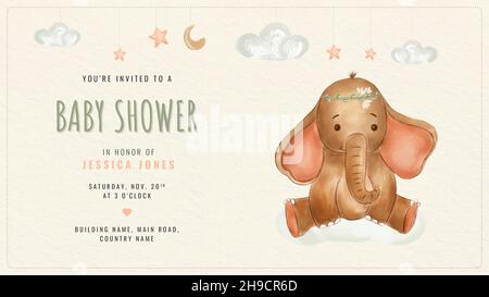 Aquarell Elefanten für Kinderzimmer. Niedliches Poster Beispiel für Babydusche. Die Vorlage mit kleinem Baby-Elefant für Kinderzimmer, Poster, Print, Babydusche. Stockfoto