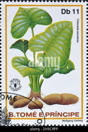 Abgesagte Briefmarke gedruckt von São Tomé und Príncipe, die Taro zeigt, um 1981. Stockfoto