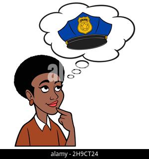 Woman Thinking about Law Enforcement - Eine Cartoon-Illustration einer Frau, die über eine Karriere in der Strafverfolgung nachdenkt. Stock Vektor