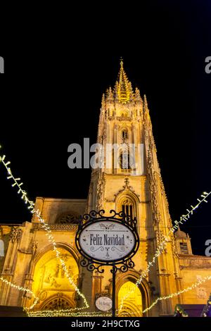 Kathedrale von Oviedo mit Weihnachtsschmuck, Asturien. Spanien. Frohe Weihnachten Zeichen auf Spanisch. Stockfoto