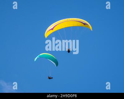 Gleitschirme fliegen vom Litlington White Horse, einem Monument im Cuckmere Valley, East Sussex, England. Stockfoto