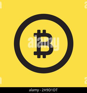 Bitcoin Symbol Zeichen Zahlung Symbol. Krypto Währung schwarze Münze Bitcoin Symbol auf gelbem Hintergrund isoliert. Vektor Stock Vektor