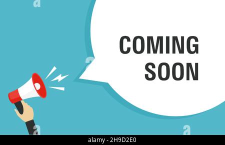 Männliche Hand hält Megaphon mit bald kommenden Sprechblase. Lautsprecher. Banner für Unternehmen, Marketing und Werbung. Vektor Stock Vektor