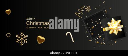 Weihnachten Black Banner Super Sale. Realistische schwarze Geschenkschachteln. Leere offene Geschenkbox Draufsicht mit Goldschleife. Stock Vektor