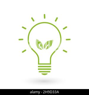 Grüne Kontur der elektrischen Glühbirne mit grünen Blatt isoliert auf weißem Hintergrund. Symbol mit flacher Kontur. Grün werden. Umweltfreundlich. Weltumwelttag Stock Vektor