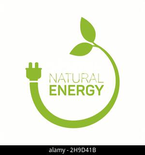Symbol für natürliche Energie mit elektrischem Stecker, Pflanzen- und Blattsymbol. Ökostrom. Erneuerbare Elektrizität. Vektor Stock Vektor