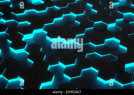 Zufällig verschobene schwarze Wabenhintergrund mit geometrischem Muster und blauem Schimmer, minimalistisch futuristische Technologie Hintergrundvorlage, 3D illustrati Stockfoto