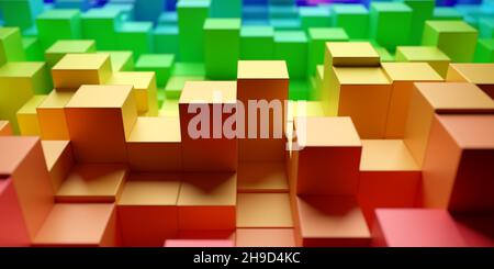 Hintergrund aus zufällig verschobenen Regenbogen- oder Spektrum-farbigen Würfeln, Kreativität oder Spielzeugkonzept, selektiver Fokus, 3D Illustration Stockfoto