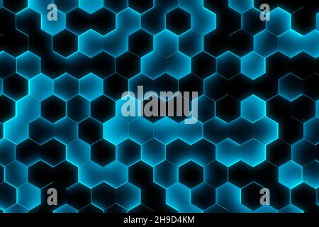 Zufällig verschobene schwarze Wabenhintergrund mit geometrischem Muster, blauem Glanz, minimalistischer Hintergrundvorlage für futuristische Technologie, flaches Lay Top Stockfoto