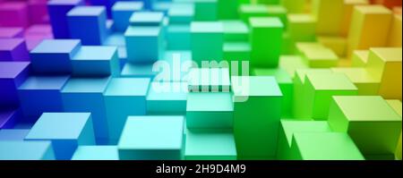Hintergrund aus zufällig verschobenen Regenbogen- oder Spektrum-farbigen Würfeln, Kreativität oder Spielzeugkonzept, selektiver Fokus, 3D Illustration Stockfoto