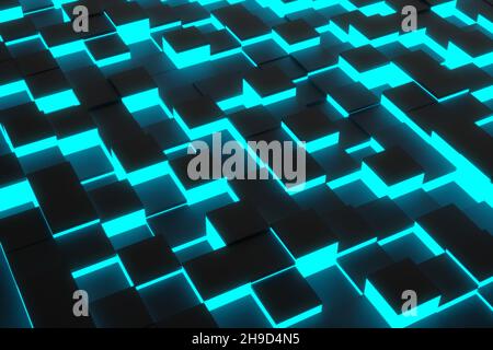 Zufällig verschobene schwarze Würfel geometrisches Muster Hintergrund mit blauem Glühen, minimal futuristische Technologie Hintergrund Vorlage, 3D Illustration Stockfoto