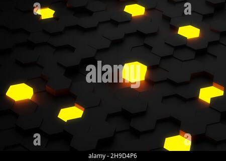 Zufällig verschobene schwarze Wabenhexagon geometrische Muster Hintergrund mit gelbem Glühen, minimal futuristische Technologie Hintergrund Vorlage, 3D illustrat Stockfoto