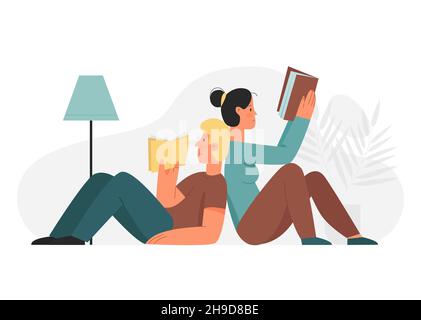 Paar liegen und Buch zu lesen in gemütlichen Hause. Gemeinsame Freizeit-Beziehung Zeit verbringen flache Vektor-Illustration Stock Vektor