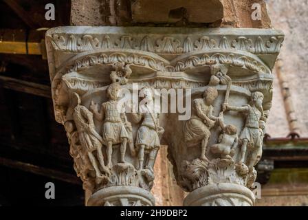 Säulenkapitell, Kreuzgang, Benediktinerkloster, Kathedrale Santa Maria Nuova, Monreale, Sizilien, Italien Stockfoto