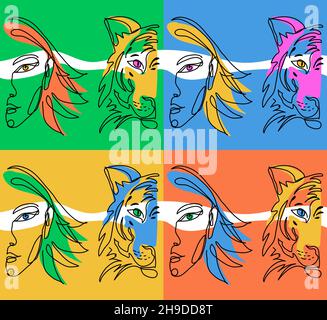 Pop Art Tiger und Mädchen Half Face Design. Eine fortlaufende Linienkunstzeichnung des Tigers. Vektor bunte helle Illustration, Poster, Druck. Chinesisch neu Stock Vektor