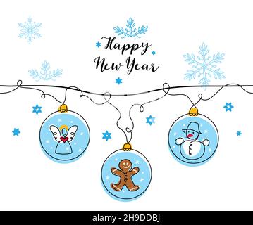 Neujahr Baum Spielzeug, Dekorationen, Kugeln in blauer Farbe. Vektor Girlande, Dekorationen. Eine fortlaufende Strichzeichnung. Niedlicher Engel, Ingwer und Schneemann Stock Vektor